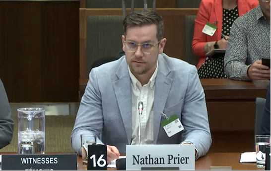 CAPE President Nathan Prier testifying at a House of Commons committee meeting