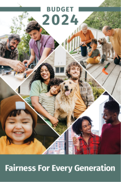 Cover of Government of Canada's 2024 federal budget with text "Fairness for Every Generation"