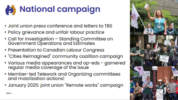 Powerpoint slide titled National campaign with bullet points on actions taken so far and and on the right are photos of CAPE members organizing 