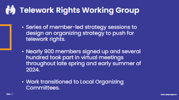 A slide with a blue background entitled Telework Rights Working Group with bullet points of text
