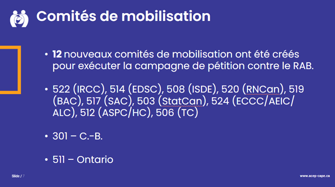 Une diapositive de présentation avec un fond bleu intitulée « Comités de mobilisation » et un texte sous forme de liste à puces.