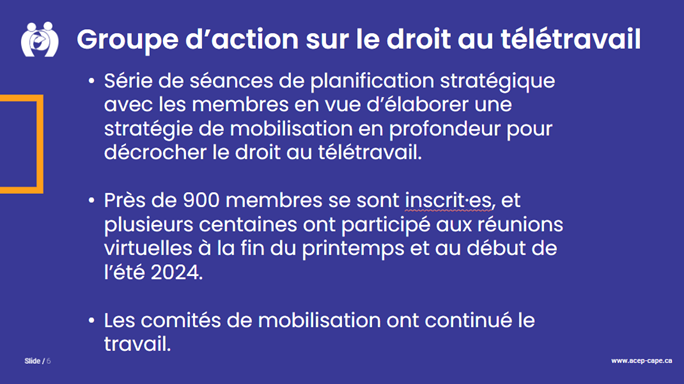 Une diapositive de présentation avec un fond bleu intitulée « Groupe d'action sur le droit au télétravail » avec du texte sous forme de liste à puces.