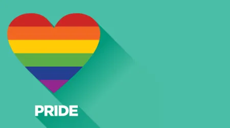 a heart in pride colours on a teal background with "pride" written below